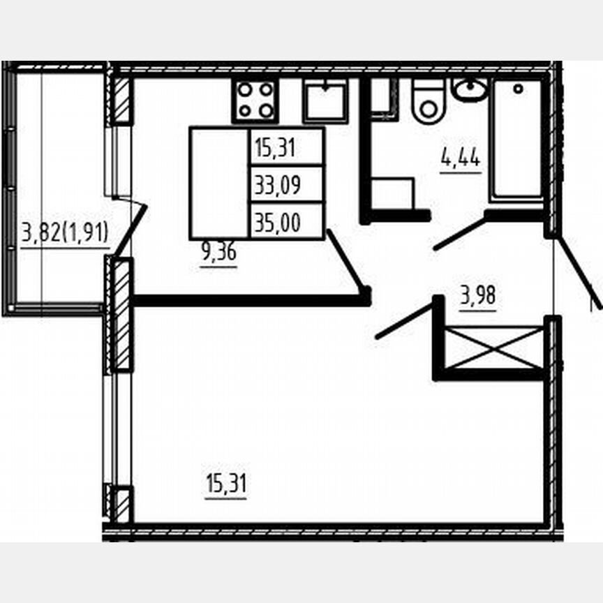1-к. квартира, 33,1 м², 1/4 эт.