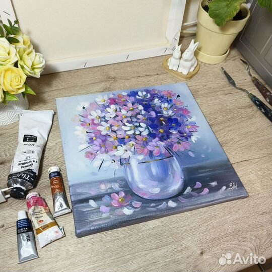 Картина с цветами маслом на холсте 30х30 см