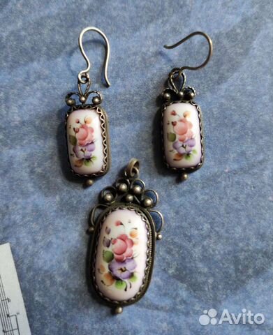 Серьги с малахитом винтаж, финифть