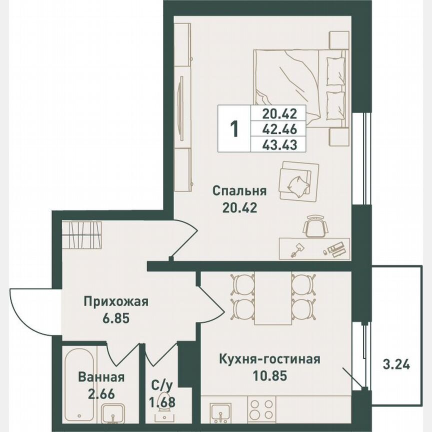 1-к. квартира, 43,4 м², 6/16 эт.