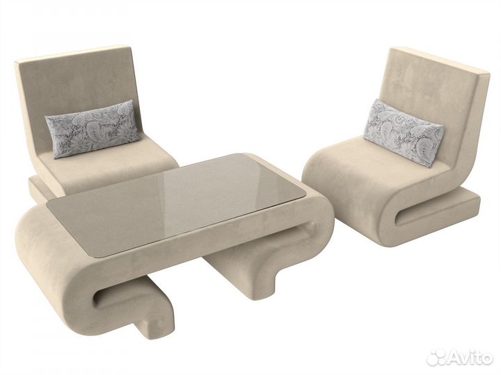 Набор Волна-3 (стол, 2 кресла), микровельвет, бежевый