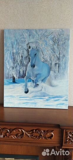 Картина маслом. Зимний пейзаж. Конь. Лошадь