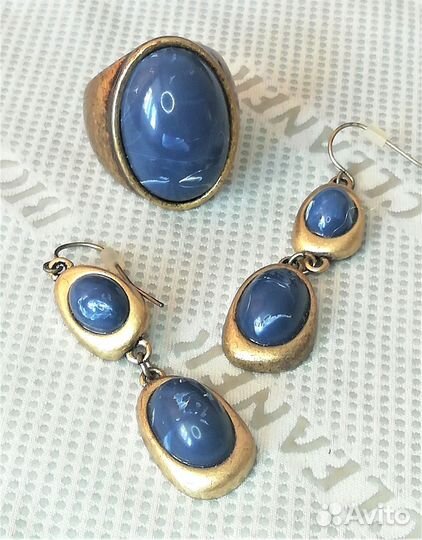 Серьги, кольцо латунь лазурит разм. 19,5 С597