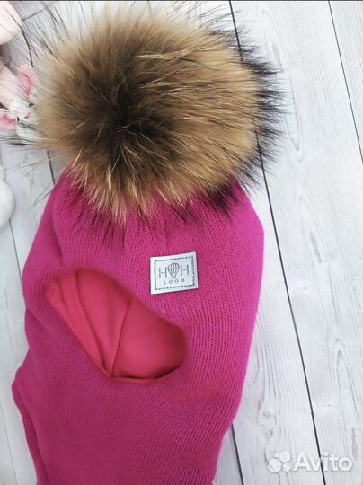 Шапка шлем зимний с натуральным помпоном новая