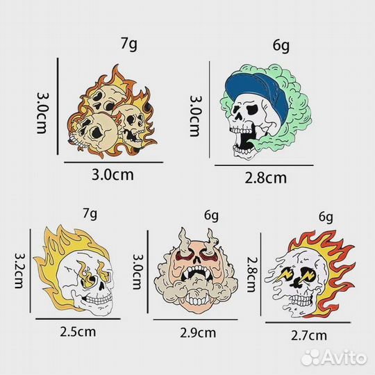 Значки черепа металлические 5шт