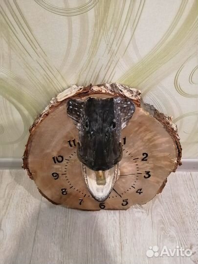 Часы настенные из спила берёзы с чучелом щуки