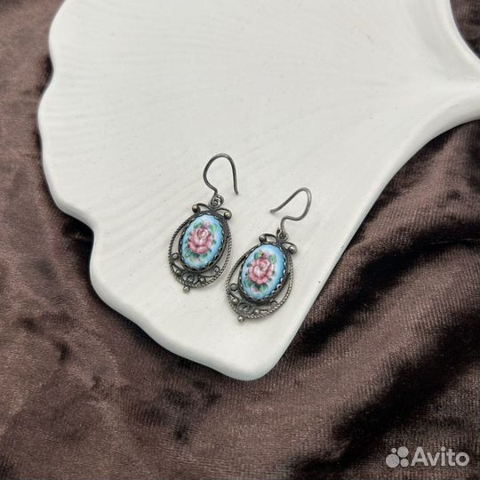 Советские винтажные мельхиоровые серьги, финифть