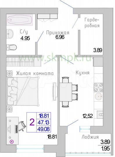 1-к. квартира, 49,1 м², 1/7 эт.