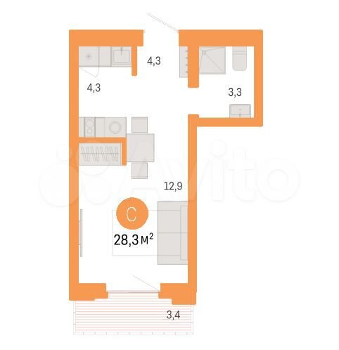 Квартира-студия, 28,3 м², 5/7 эт.