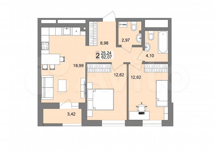 2-к. квартира, 62,1 м², 2/26 эт.
