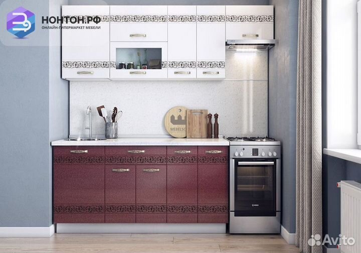 Кухня Мечта 2.2 м белый / белый металлик / гранат