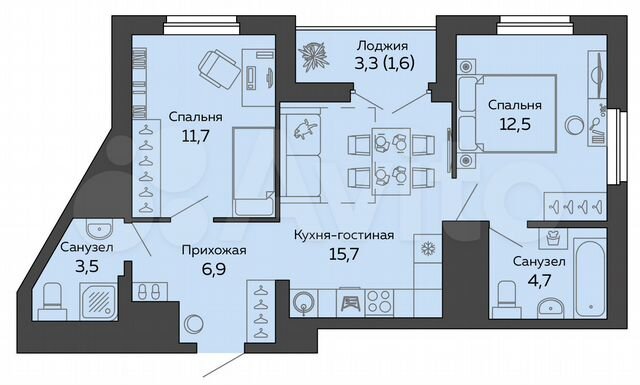 2-к. квартира, 56,5 м², 23/25 эт.