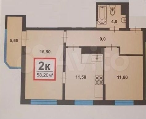 2-к. квартира, 58 м², 13/16 эт.