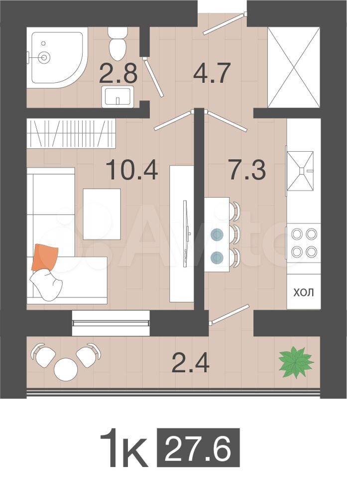 1-к. квартира, 27,6 м², 4/4 эт.