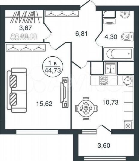 1-к. квартира, 44,7 м², 5/16 эт.
