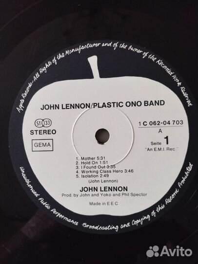 John Lennon Plastic Ono Band 1970 gema Apple VG+