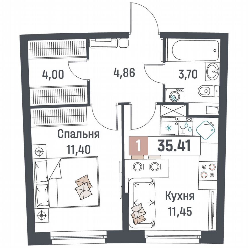1-к. квартира, 35,4 м², 2/18 эт.