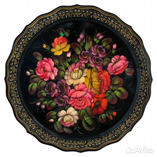 Поднос жостовский Цветы на черном (круг бо (16194)