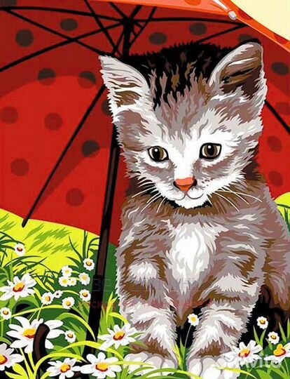 Алмазная мозаика 40x50 Котёнок под красным зонтом