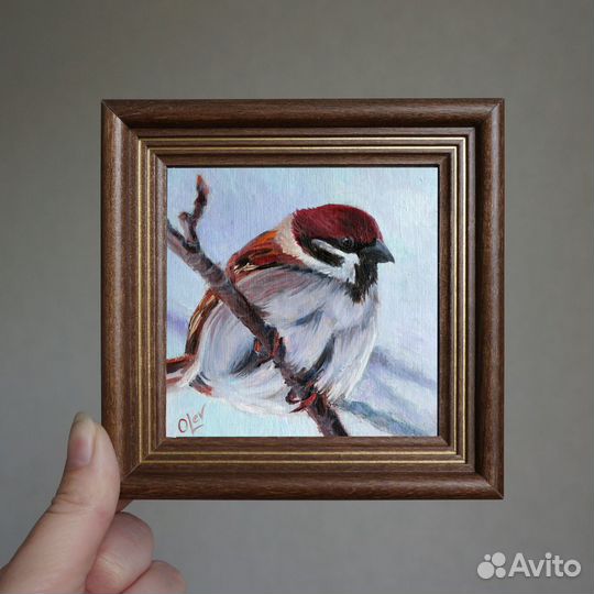 Картина маслом Воробей 10х10см. В наличии