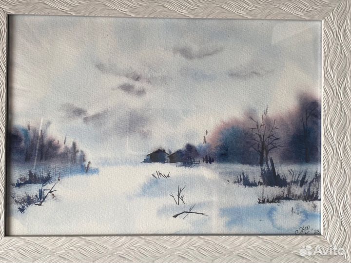 Картина акварелью «Зимний пейзаж»