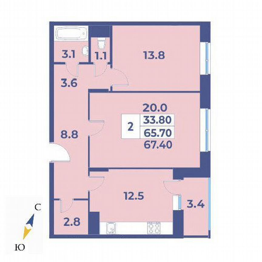 2-к. квартира, 67,4 м², 5/9 эт.