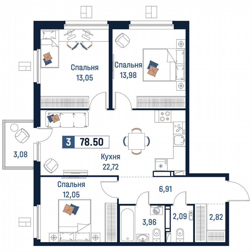 3-к. квартира, 78,5 м², 7/18 эт.
