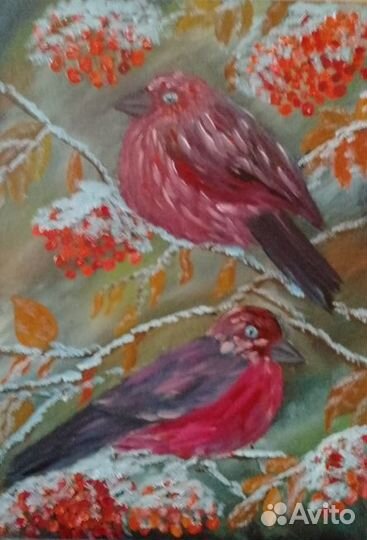 Картина маслом зимний пейзаж Японские снегири