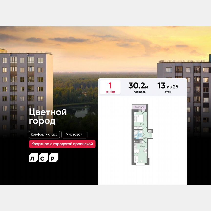 1-к. квартира, 30,2 м², 13/25 эт.