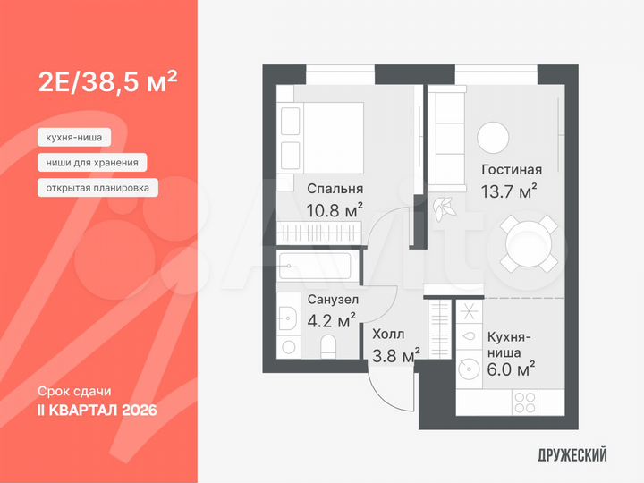 2-к. квартира, 38,5 м², 13/14 эт.