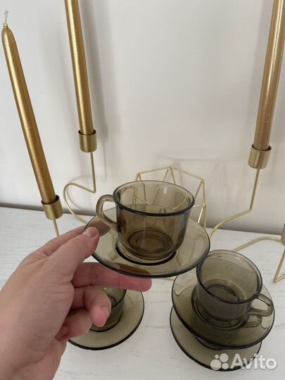 Сервиз кофейный и кружки коричневое стекло