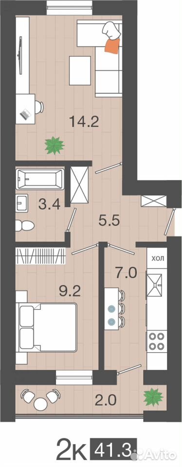 2-к. квартира, 41,3 м², 4/4 эт., Ладушкин