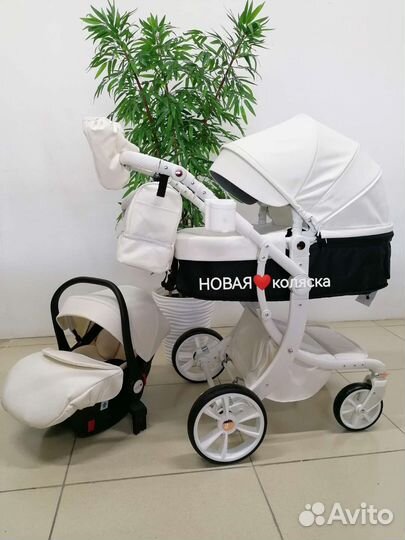 Новая коляска 3в1 Luxmom 608-2NEW/белоснежная кожа