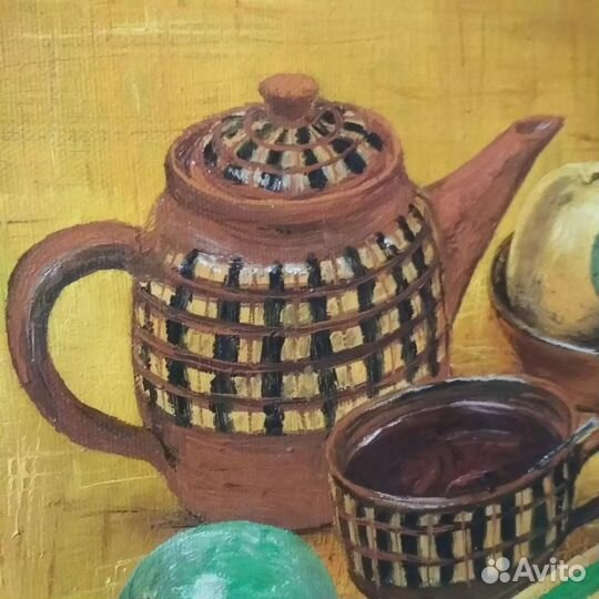 Натюрморт Чаепитие живопись Холст Подпись 2004