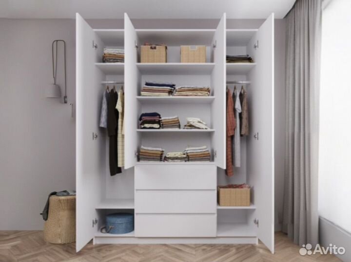 Белый 4-х дверный шкаф для одежды с Ящиками. Новый
