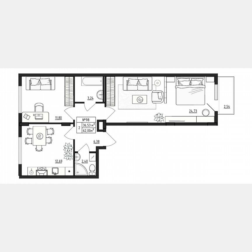 2-к. квартира, 62 м², 4/4 эт.