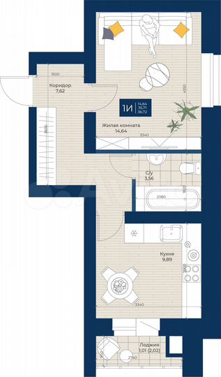 1-к. квартира, 36,7 м², 1/5 эт.