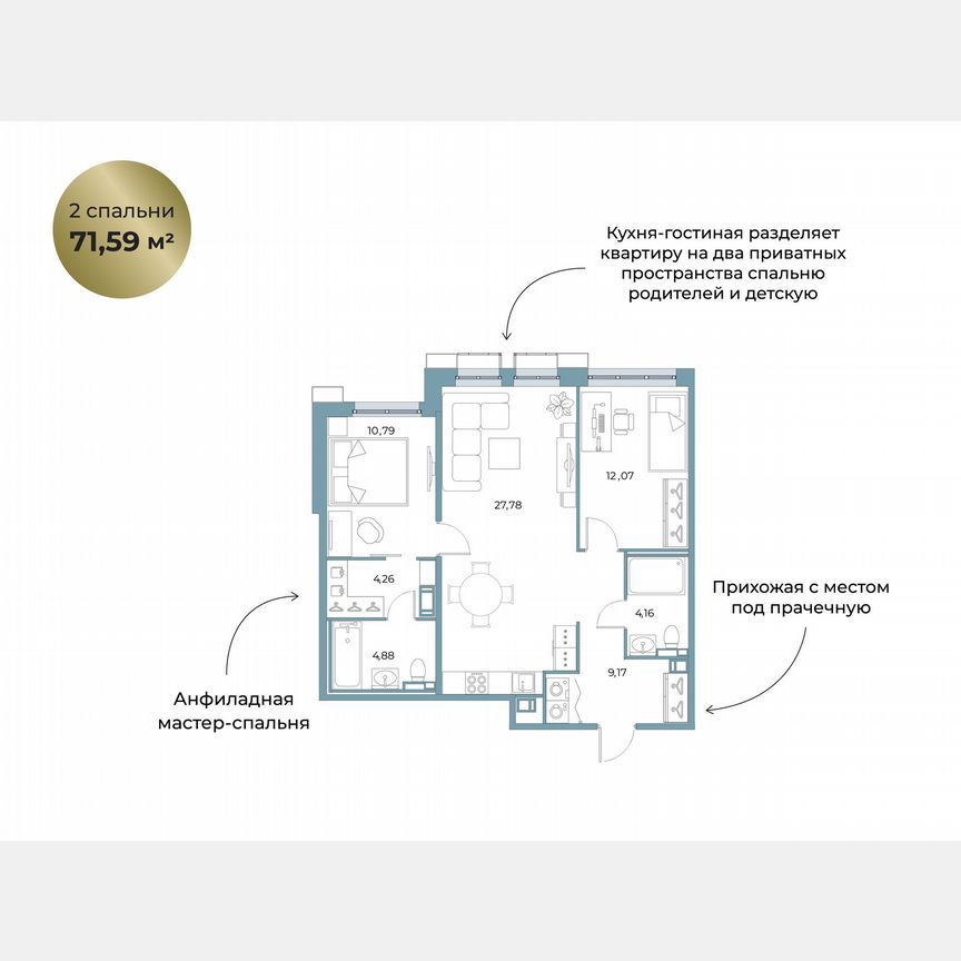 2-к. квартира, 71,6 м², 3/5 эт.