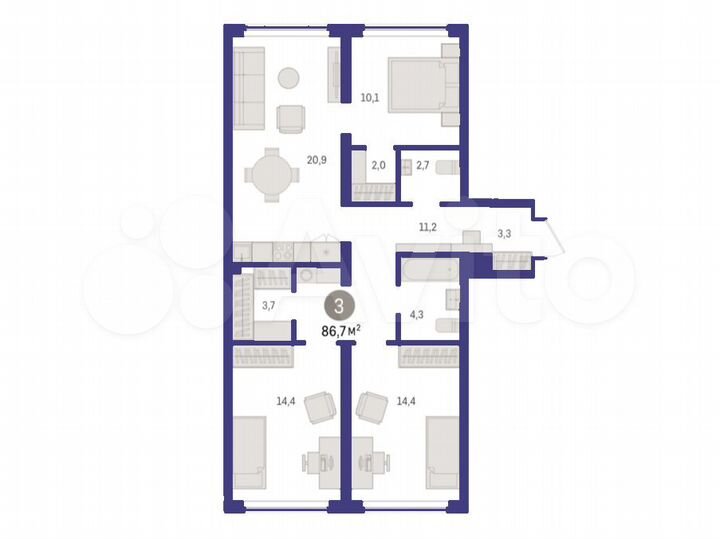 3-к. квартира, 86,7 м², 3/7 эт.