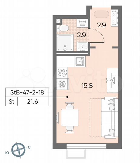 Квартира-студия, 21,6 м², 16/24 эт.