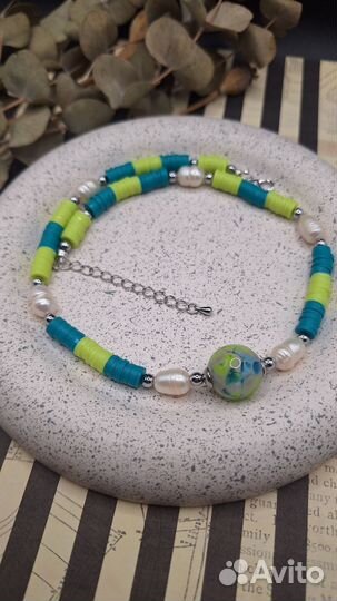 Чокер из каучука, жемчуга и муранского стекла