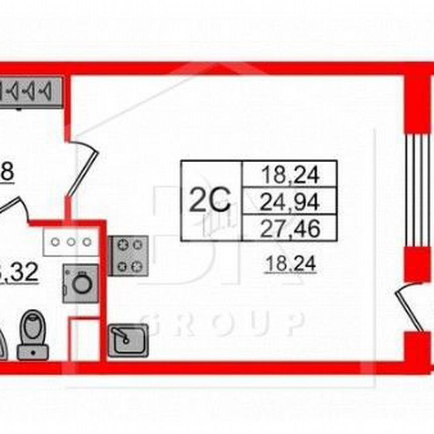 Квартира-студия, 24,9 м², 5/9 эт.