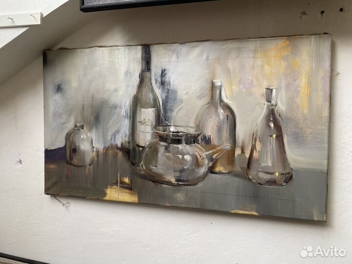 Картина маслом натюрморт 90х50см стеклянный
