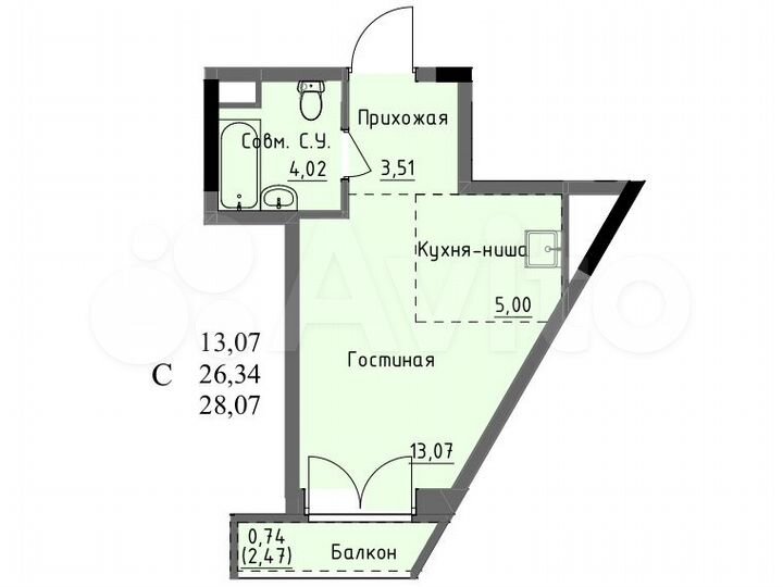 Квартира-студия, 26,3 м², 11/17 эт.