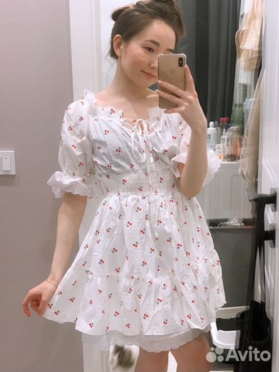 Летнее платье с вишенками мини xs-s