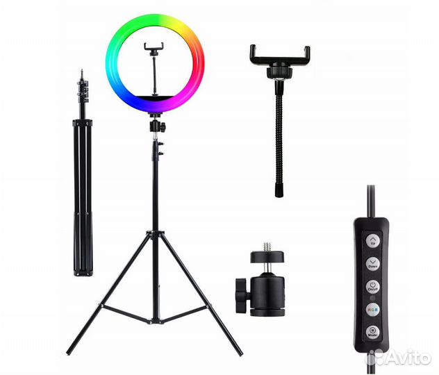Кольцевая селфи-лампа 36см RGB цветная + штатив 2м