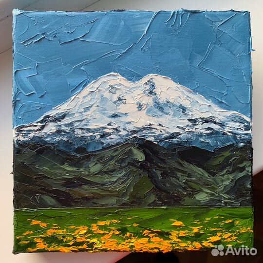 Картина маслом холст Эльбрус полевые цветы горы