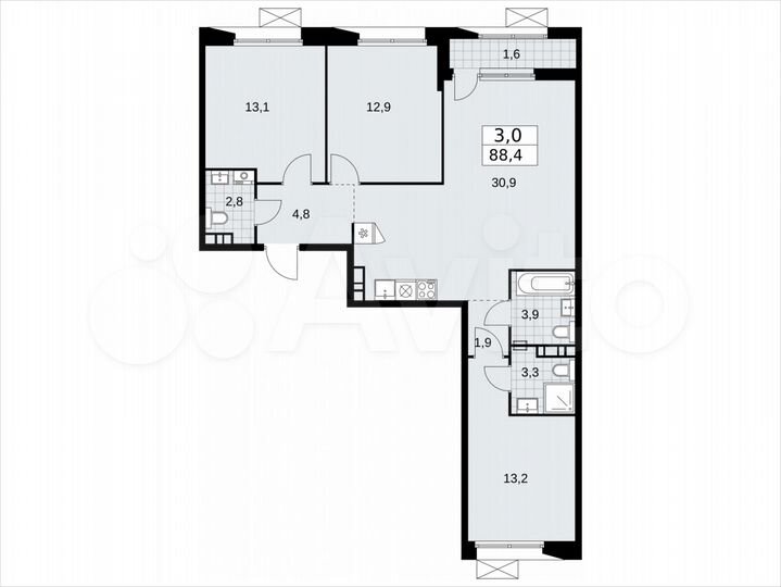 3-к. квартира, 88,4 м², 4/9 эт.