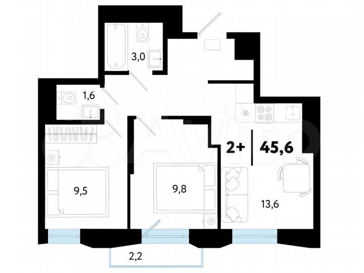 2-к. квартира, 45,6 м², 9/25 эт.