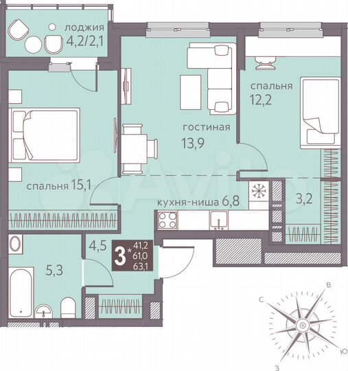3-к. квартира, 63,1 м², 8/16 эт.